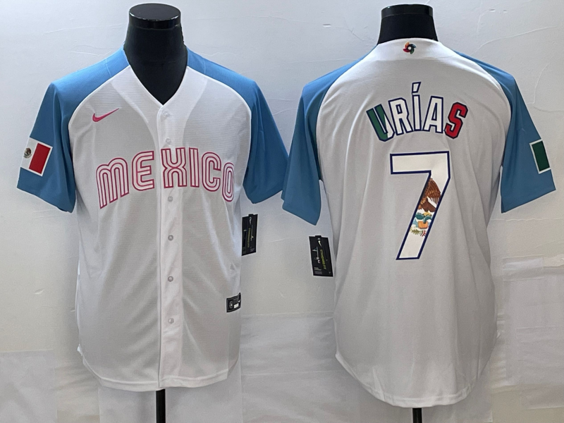 Men's Mexico Baseball #7 Julio Ur??as 2023 White Blue World Baseball Classic Stitched Jersey